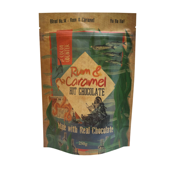 Packaging of Rum & Caramel hot chocolate with vintage design elements.