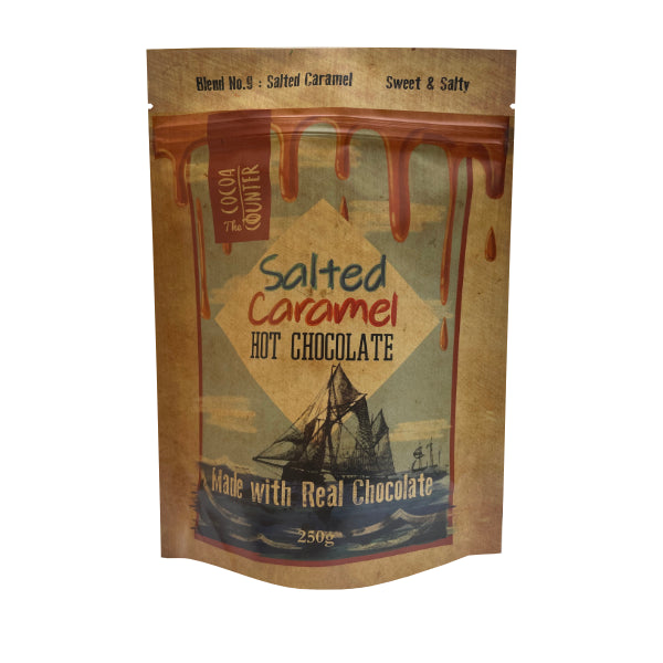 Packaging of salted caramel hot chocolate with a vintage design.