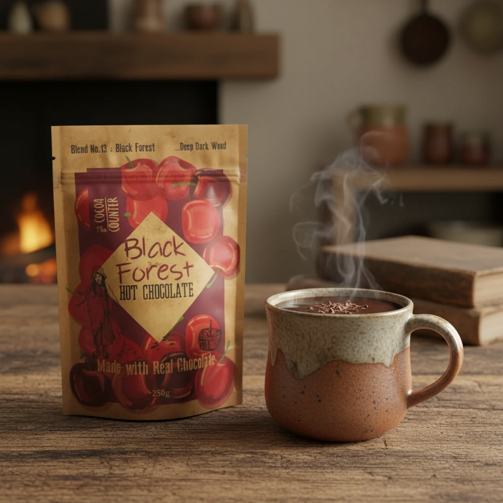 Black Forest hot chocolate package with a steaming mug on a wooden surface.