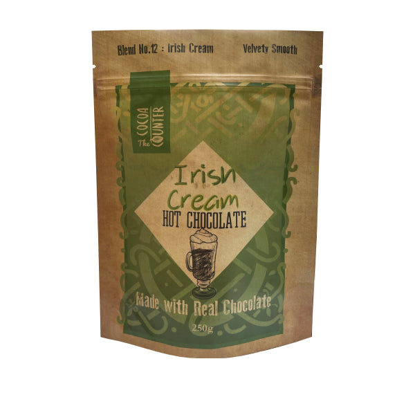 Packaging of Irish Cream hot chocolate with green and brown design.