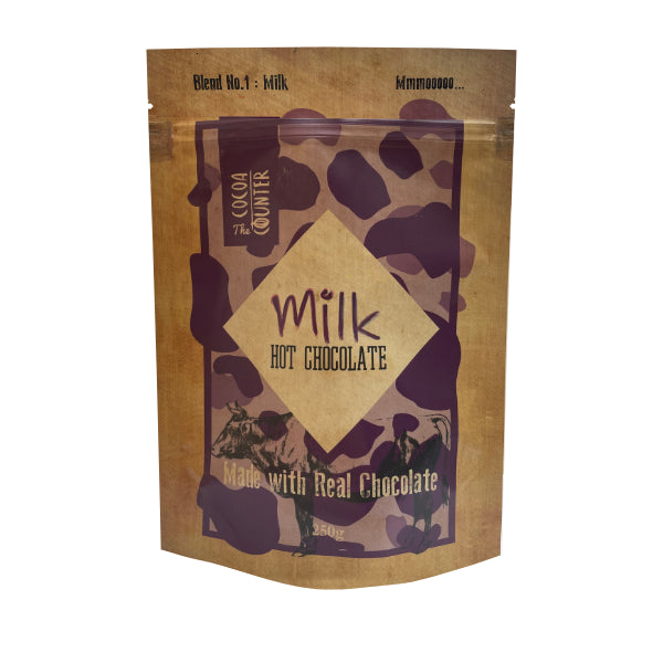 Kraft paper packaging of milk hot chocolate with cocoa bean design on a white background