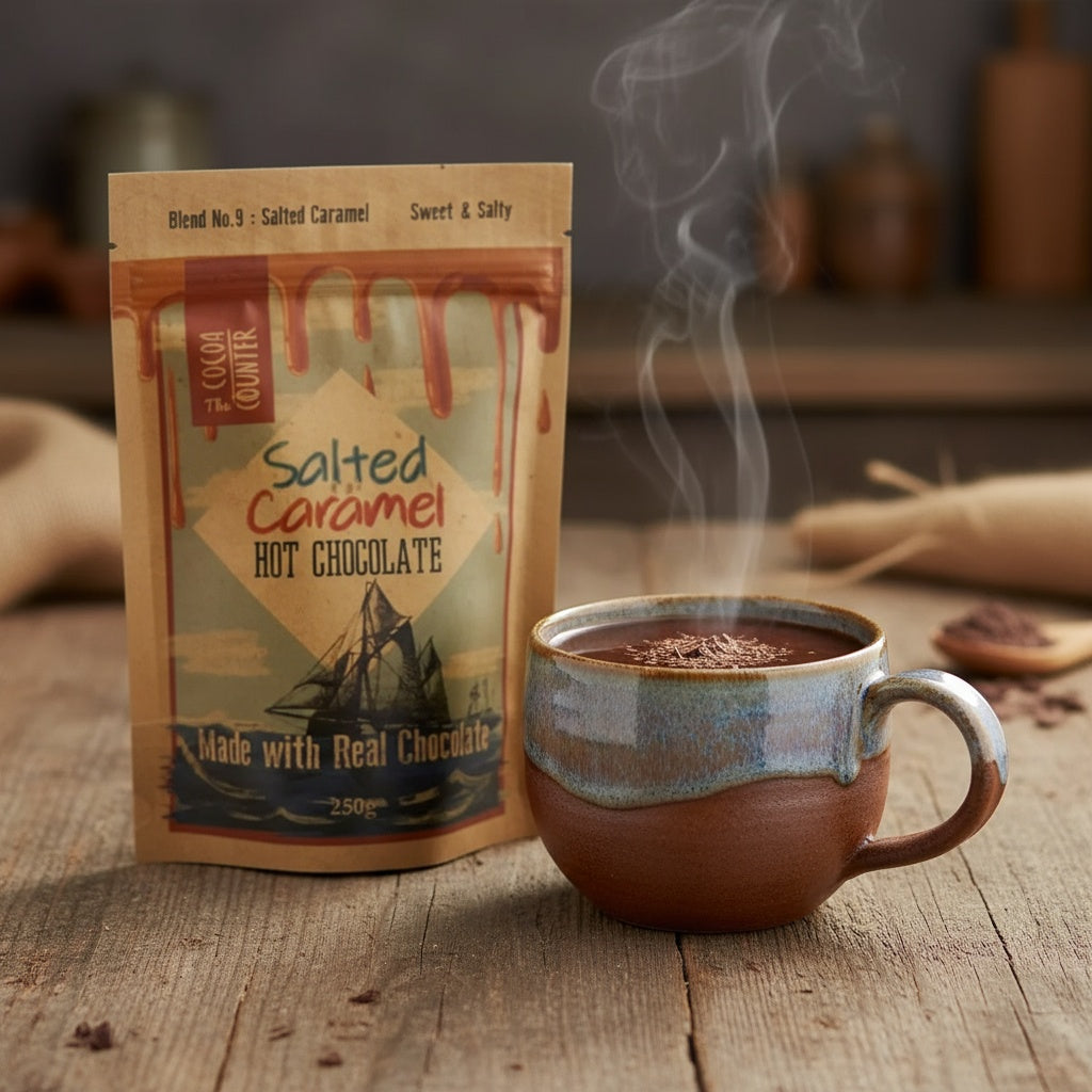 Salted Caramel hot chocolate package with a steaming mug on a wooden surface