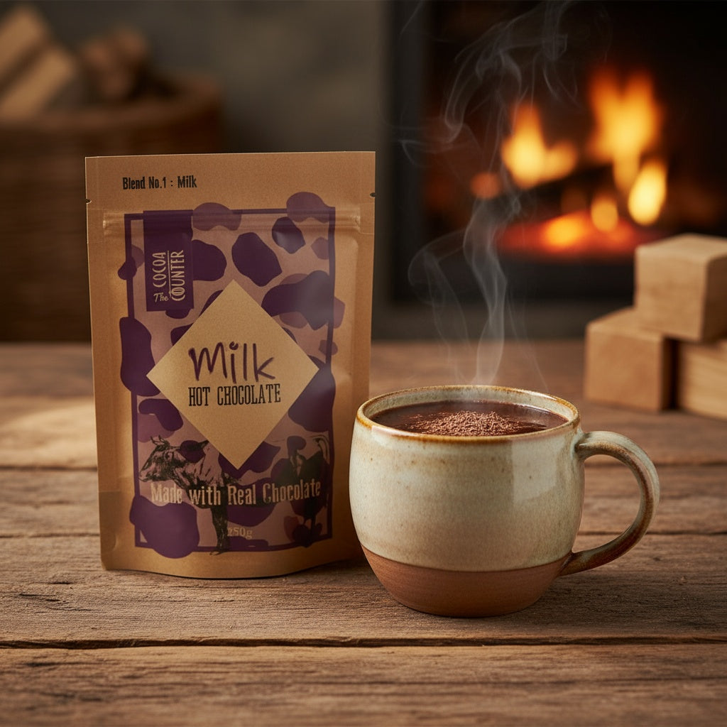 Milk hot chocolate package and steaming mug on a wooden surface with a fireplace in the background