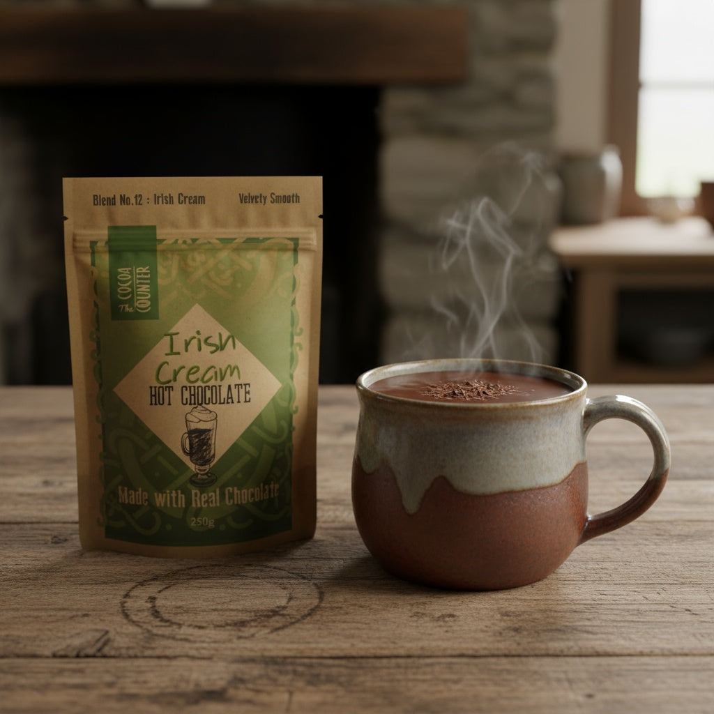 Irish Cream hot chocolate package and steaming mug on a wooden table with a fireplace background