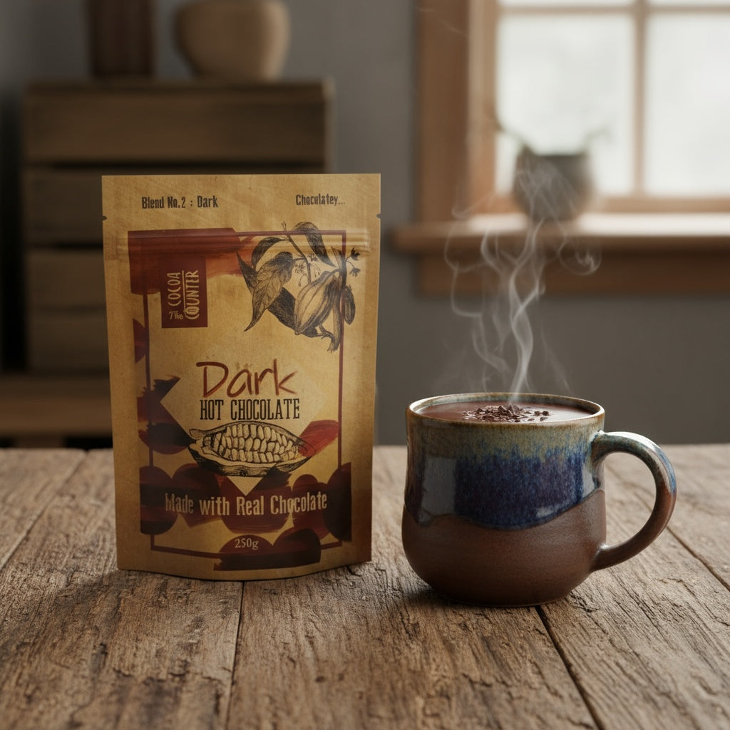 Steaming mug of hot chocolate next to a package labeled 'Dark Hot Chocolate' on a wooden surface.